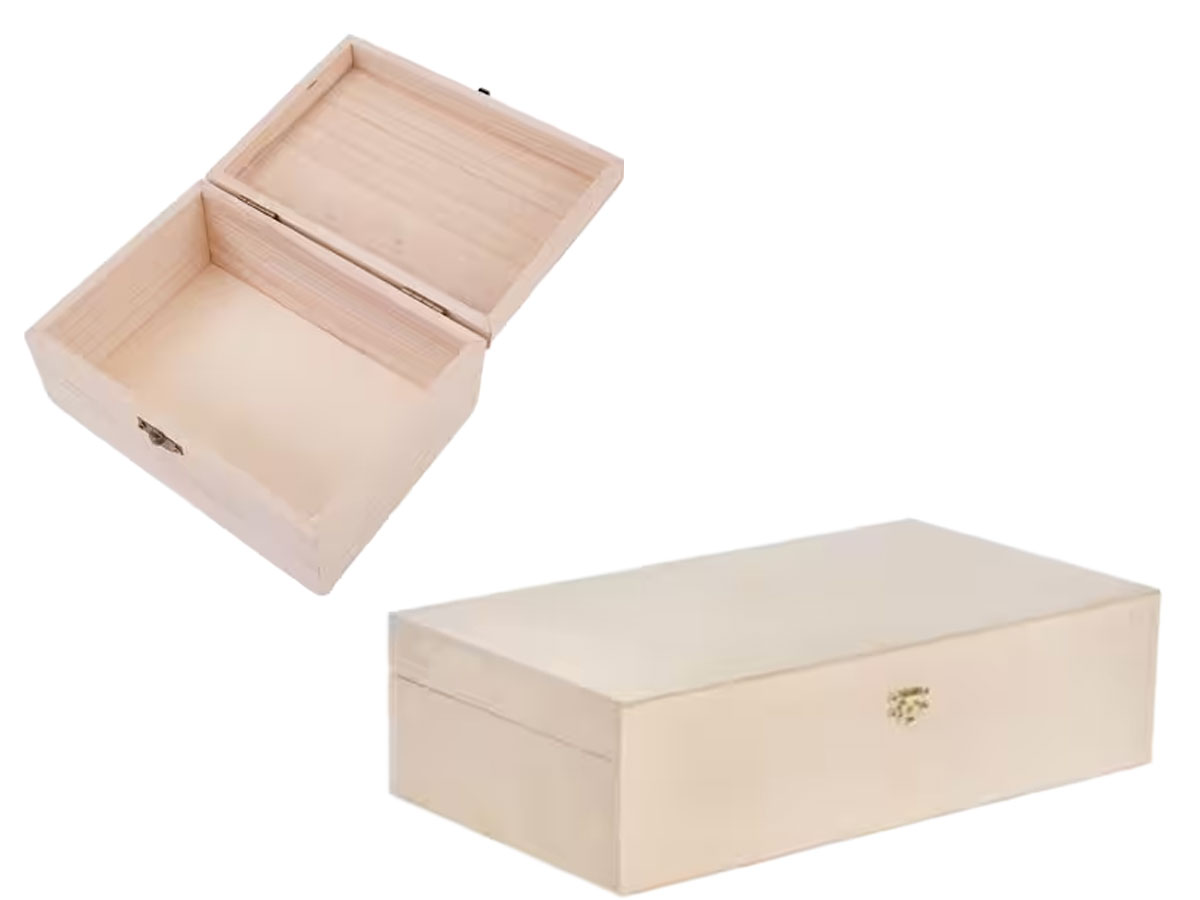 Caja de madera con tapa y cierre en color natural