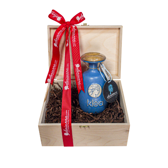 Wooden Gift Box Extra Virgin Olive Oil from Galani Metagitsiou in Handmade Ceramic Bottle (500ml) - "klēa"