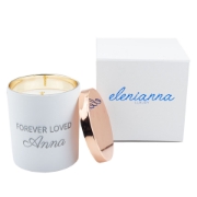 Forever Loved Custom Engraved Candle in a stylish glass container featuring the luxurious Rose Eternelle scent for a timeless keepsake.