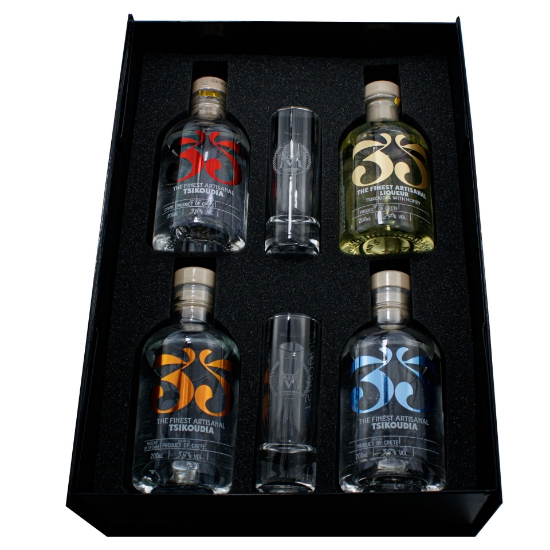 Imagen de Conjunto de regalo Premium de Tsikoudia Cretense - 4x200 ml, 35N, Vasos Grabados